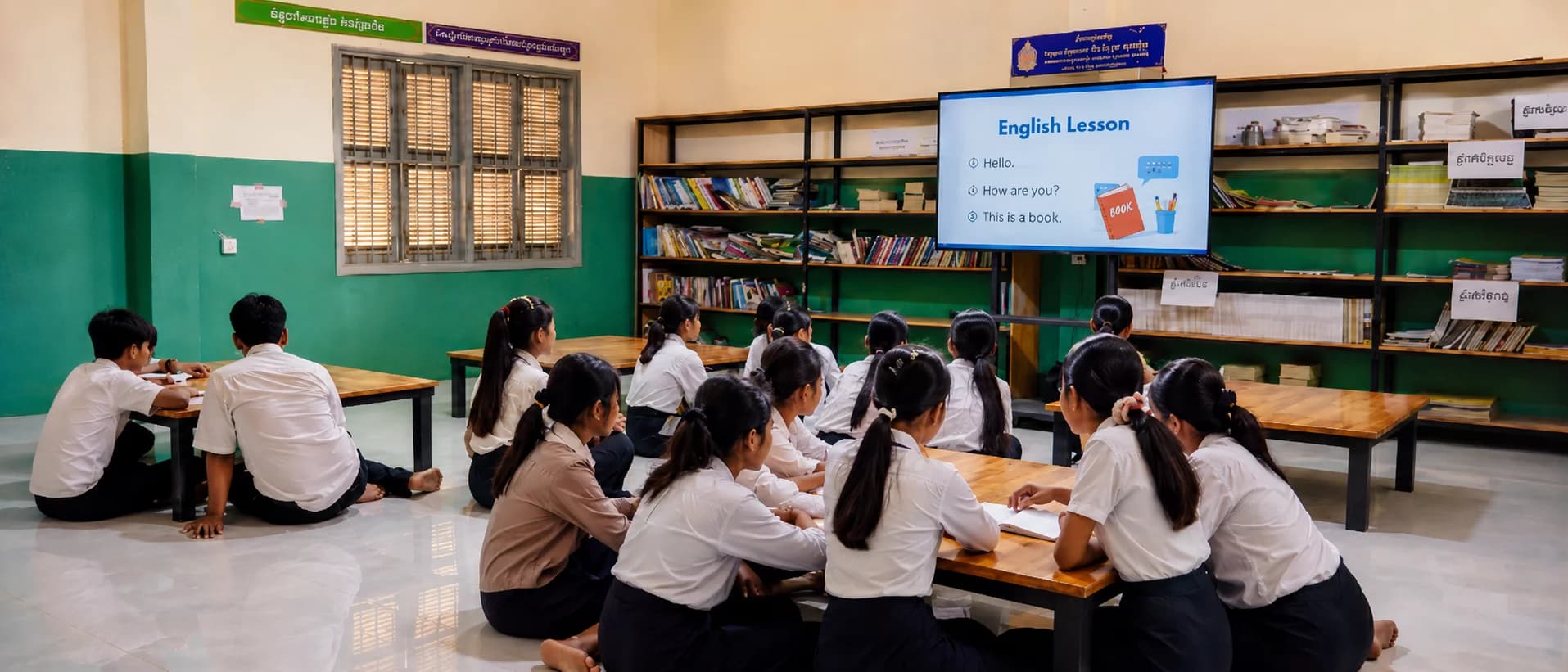 Students sitting on the floor watching an English lesson on a classroom TV screen.