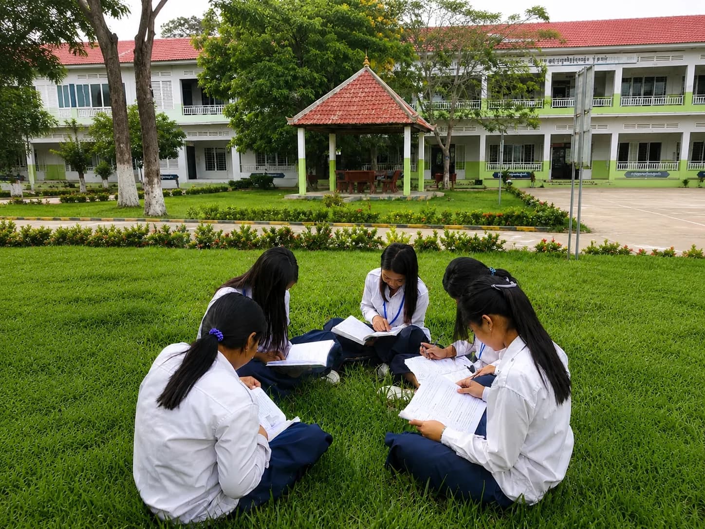 Five students in school uniforms sit in a circle on a green campus lawn, reading and writing in their books with a school building and pavilion in the background.