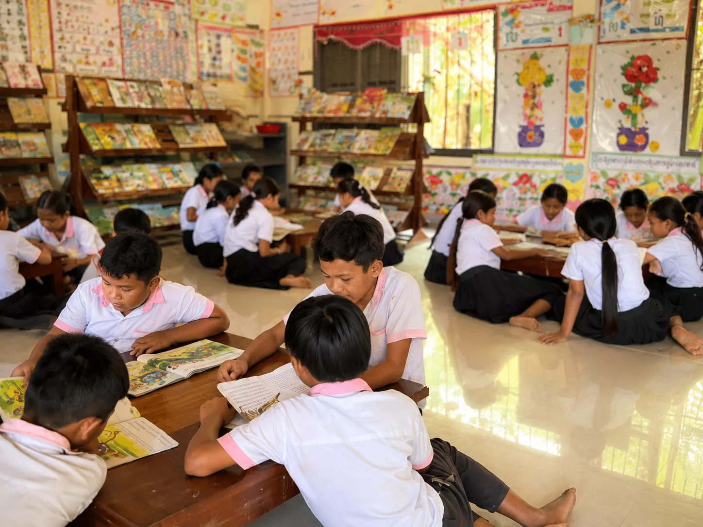 Students learning in groups in a library