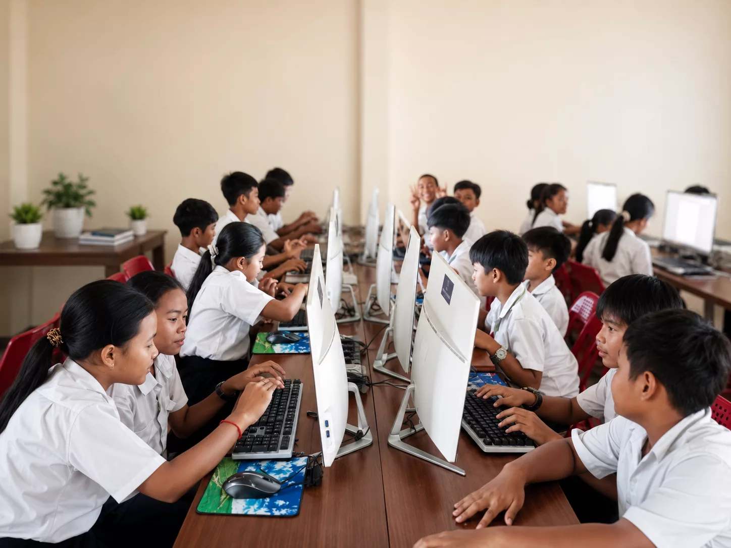 Students in school uniforms learning how to use desktop computers in a bright classroom computer lab