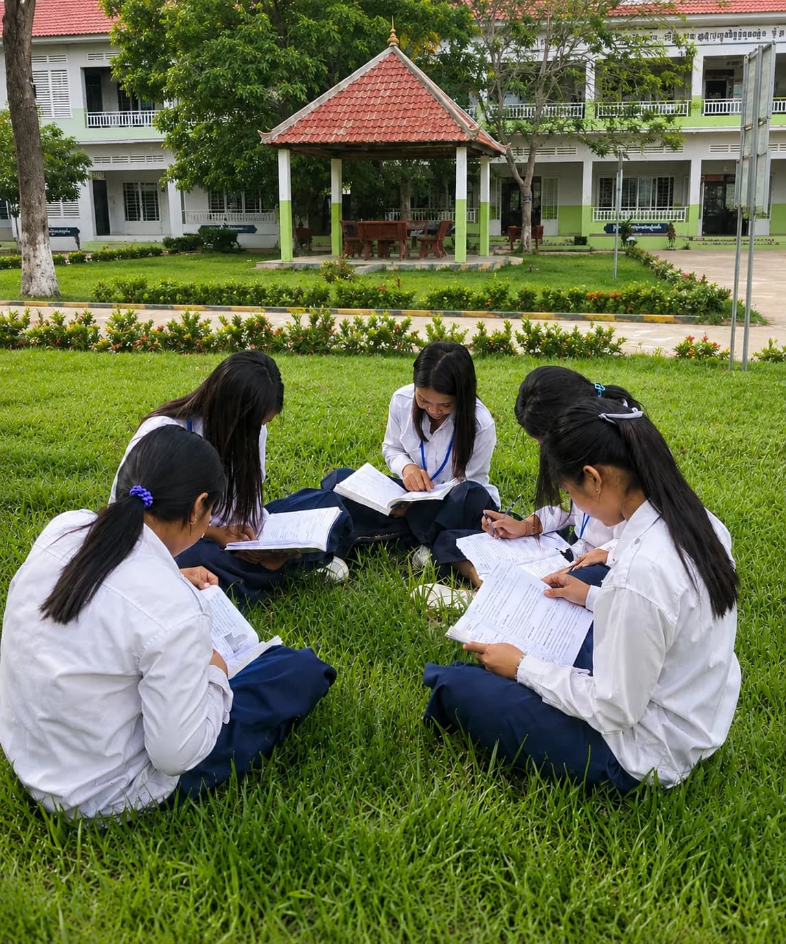 Five students in school uniforms sit together on a green campus lawn, reading and writing in their books with a school building and pavilion in the background.