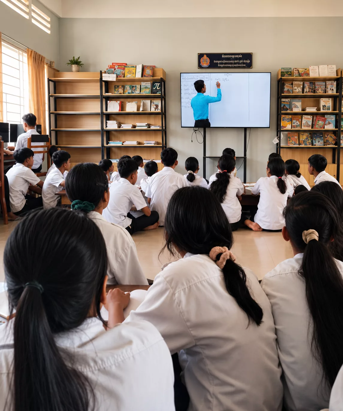 Students in white school uniforms sit on the classroom floor watching an educational presentation on a large screen, with bookshelves and Khmer learning materials in the background.