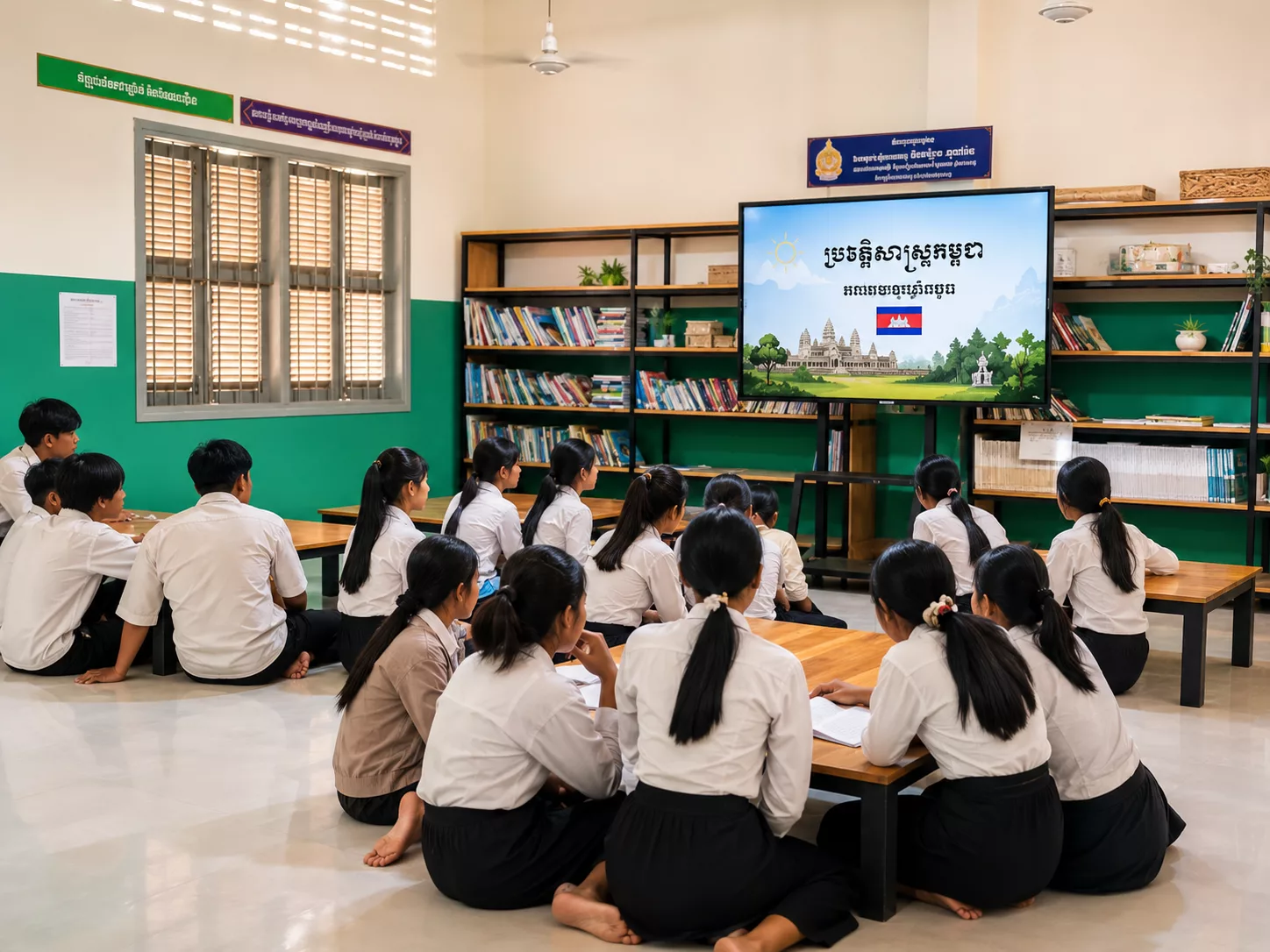 Students watching an alphabet lesson on a classroom TV